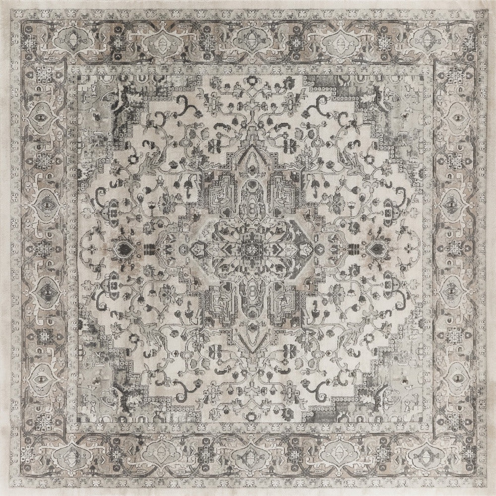 10' Gray and Ivory Square Medallion Power Loom Distressed Area Rug - Home & Garden