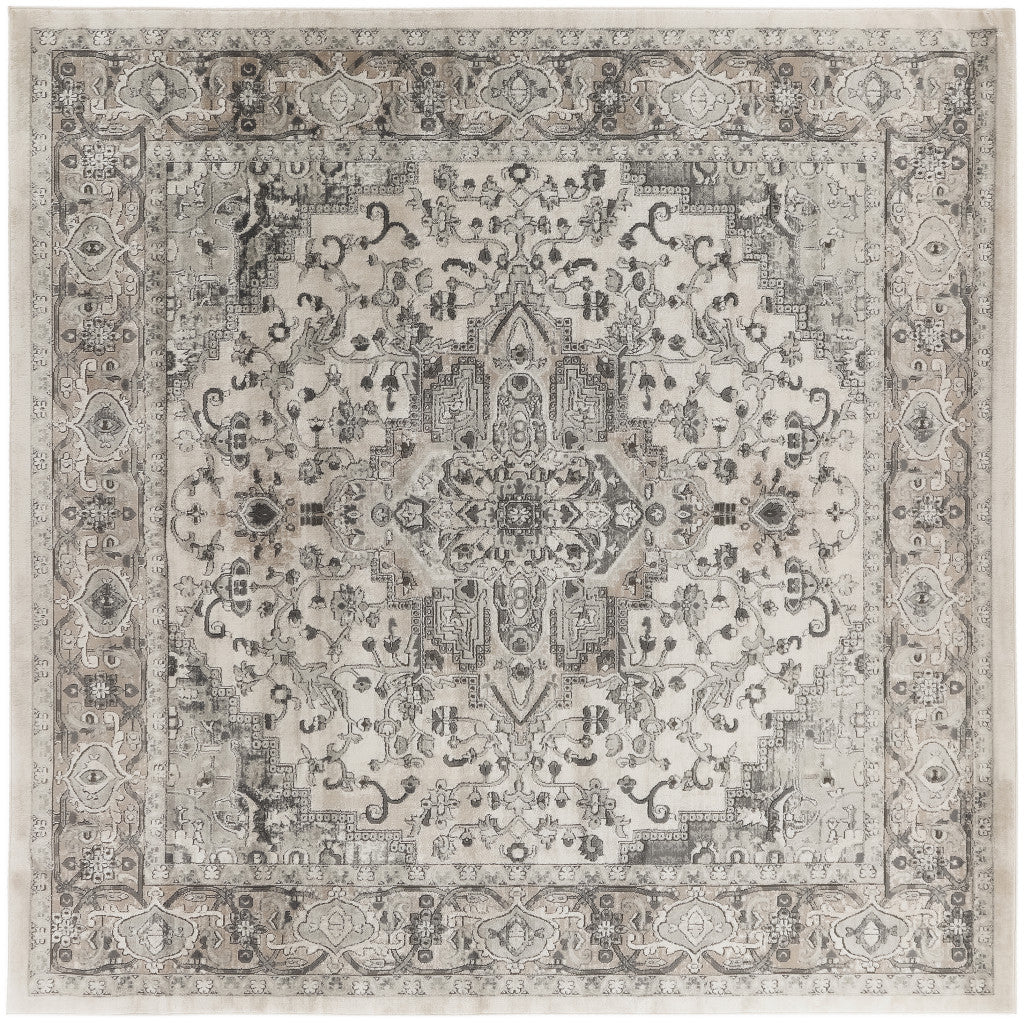 10' Gray and Ivory Square Medallion Power Loom Distressed Area Rug - Home & Garden