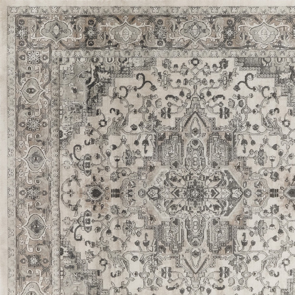10' Gray and Ivory Square Medallion Power Loom Distressed Area Rug - Home & Garden