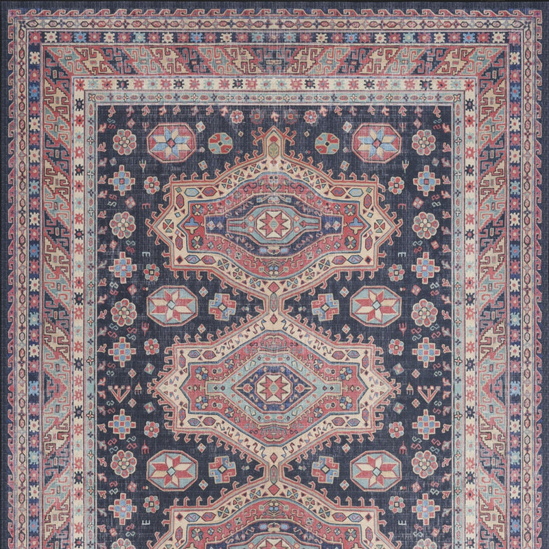 5' X 7' Navy Blue and Red Medallion Distressed Non Skid Area Rug - GreatEagleInc