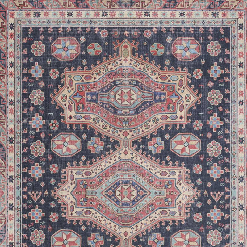5' X 7' Navy Blue and Red Medallion Distressed Non Skid Area Rug - GreatEagleInc