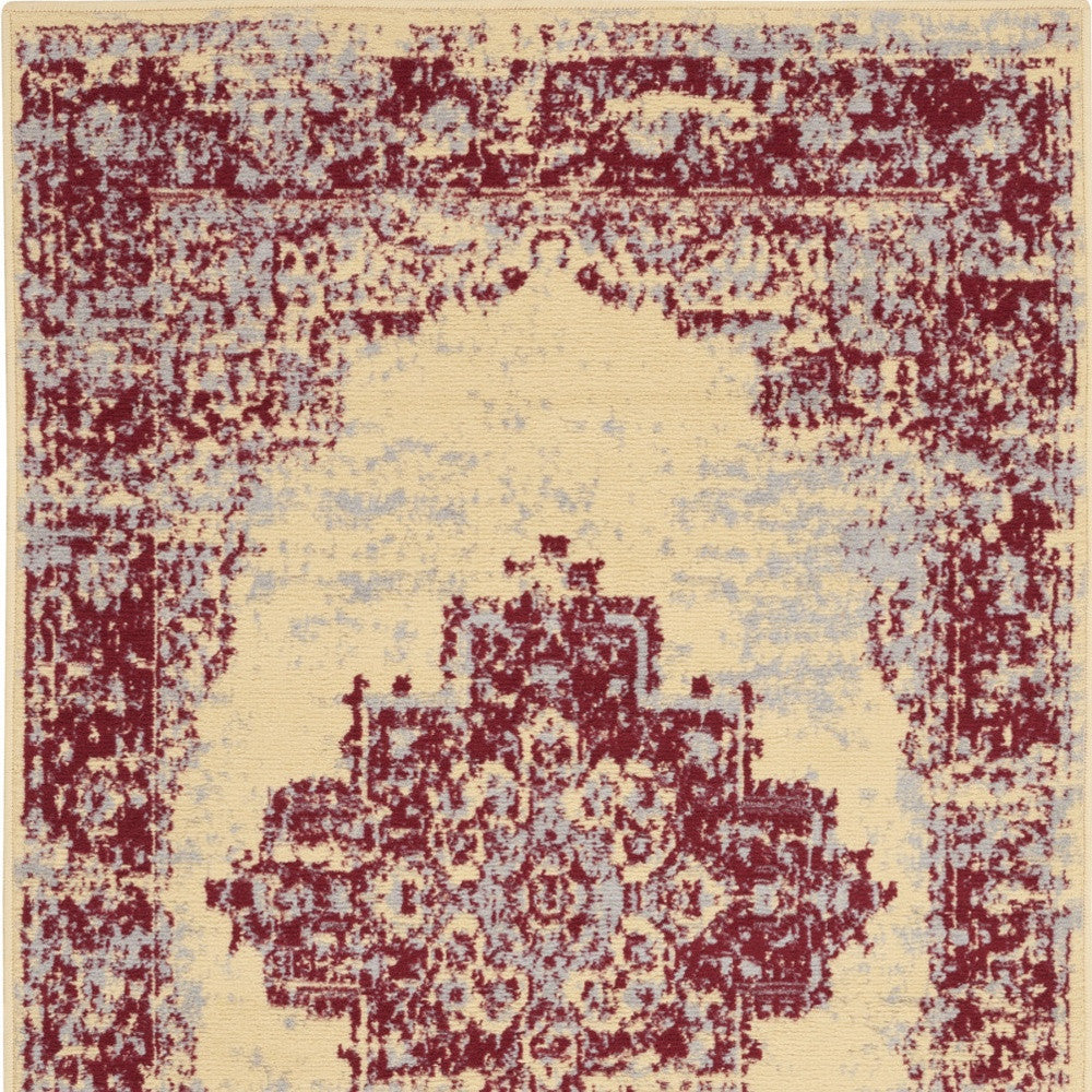 3' X 5' Cream Gray and Red Medallion Distressed Non Skid Area Rug - Home & Garden
