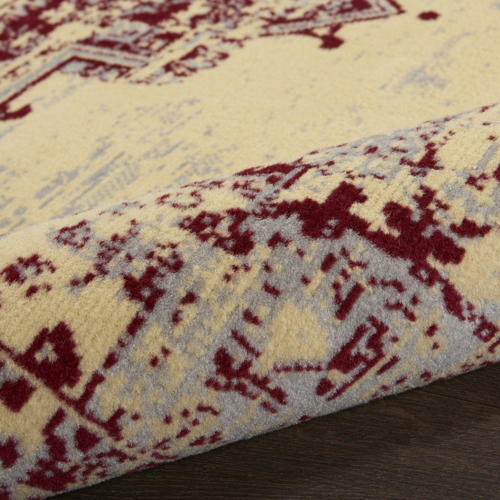 3' X 5' Cream Gray and Red Medallion Distressed Non Skid Area Rug - Home & Garden