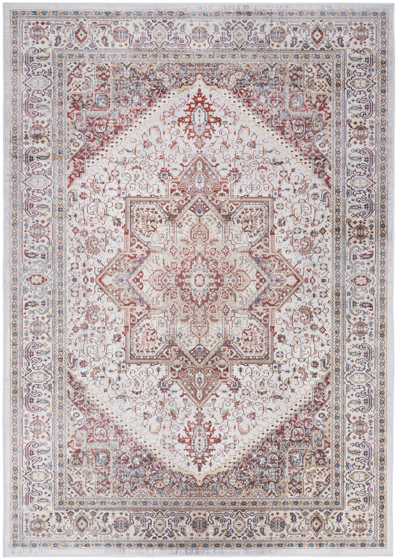5' X 7' Red and Ivory Floral Medallion Distressed Non Skid Area Rug - GreatEagleInc