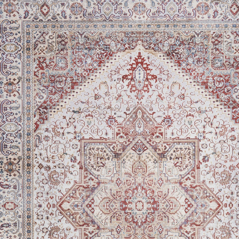 5' X 7' Red and Ivory Floral Medallion Distressed Non Skid Area Rug - GreatEagleInc