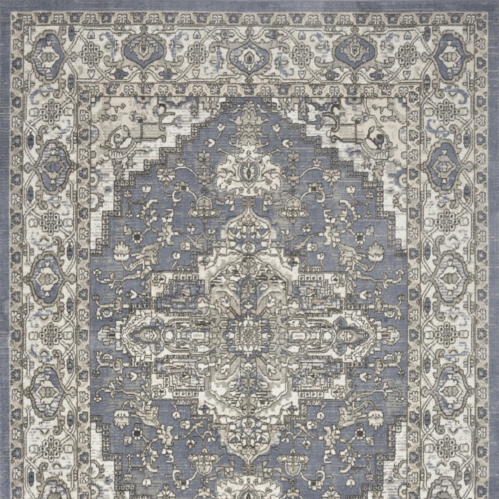 5' X 7' Blue and Ivory Medallion Power Loom Distressed Area Rug - Home & Garden