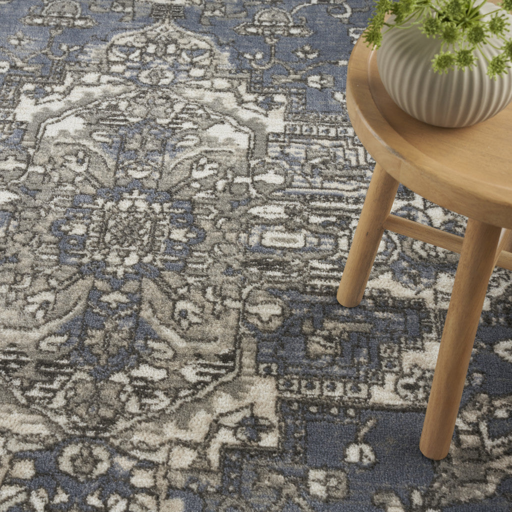 5' X 7' Blue and Ivory Medallion Power Loom Distressed Area Rug - Home & Garden