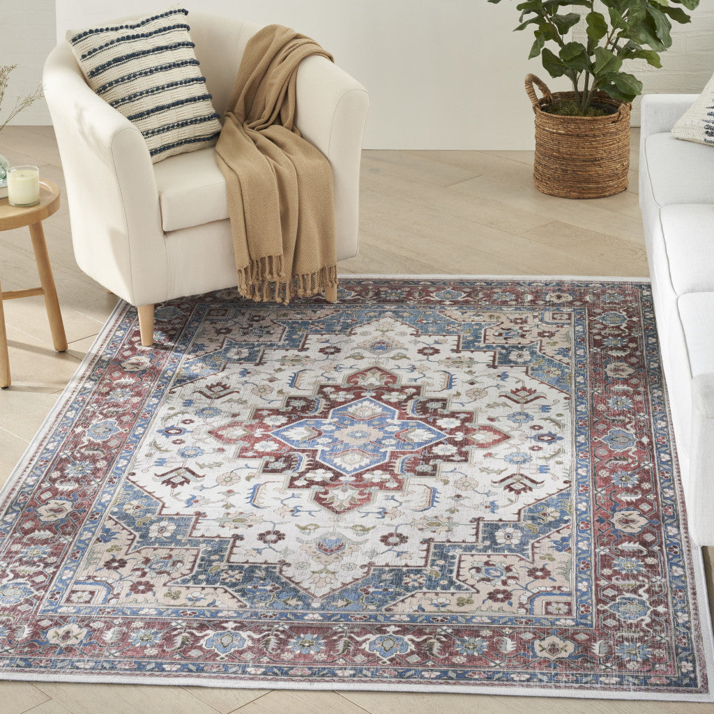 5' X 7' Ivory Red and Blue Medallion Distressed Non Skid Area Rug - GreatEagleInc