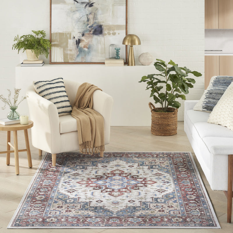 5' X 7' Ivory Red and Blue Medallion Distressed Non Skid Area Rug - GreatEagleInc