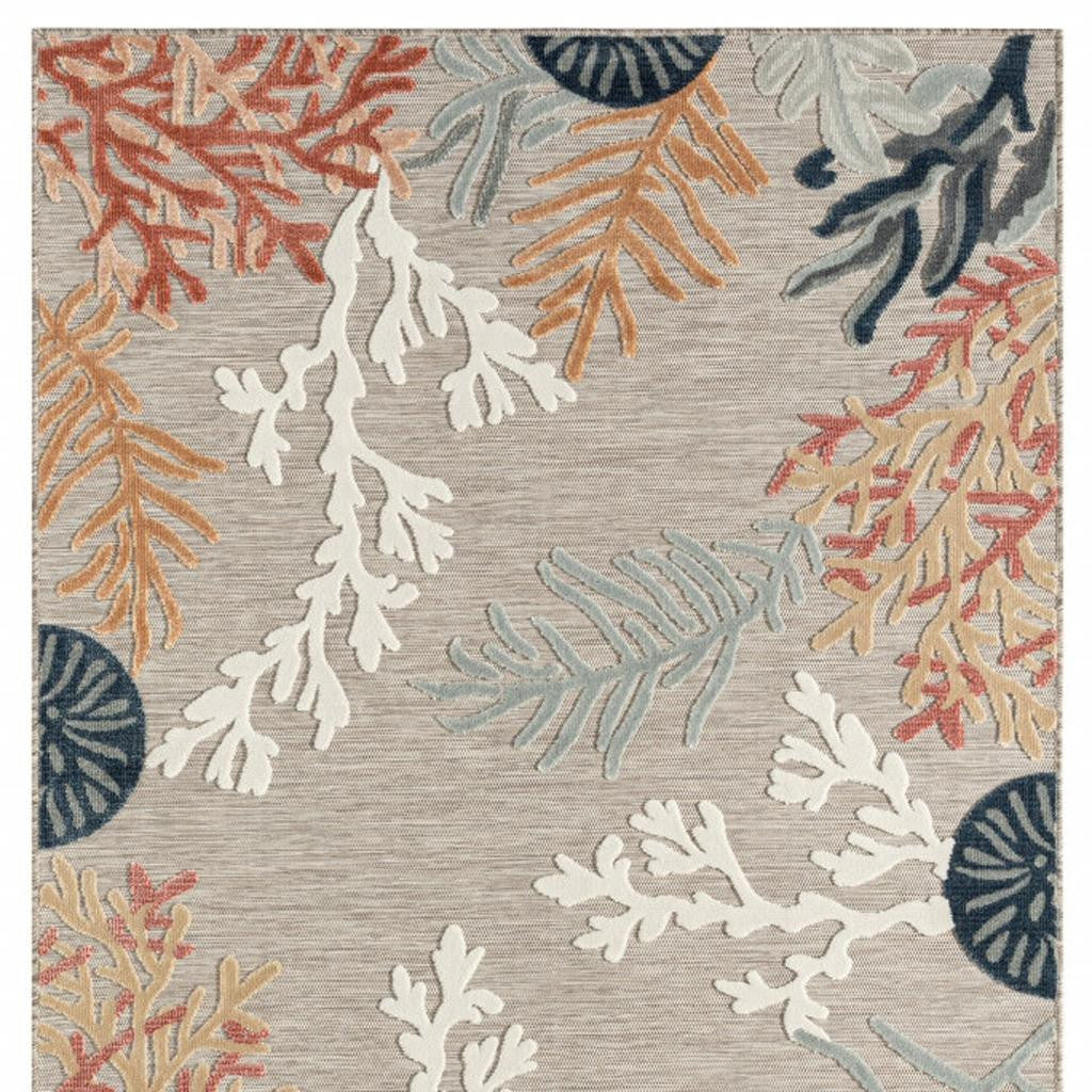 5' X 7' Grey Beige Orange Blue And White Coastal Coral Indoor Outdoor Area Rug - Home & Garden