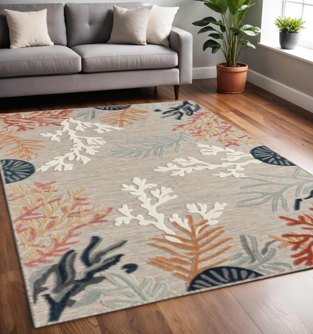 5' X 7' Grey Beige Orange Blue And White Coastal Coral Indoor Outdoor Area Rug - Home & Garden