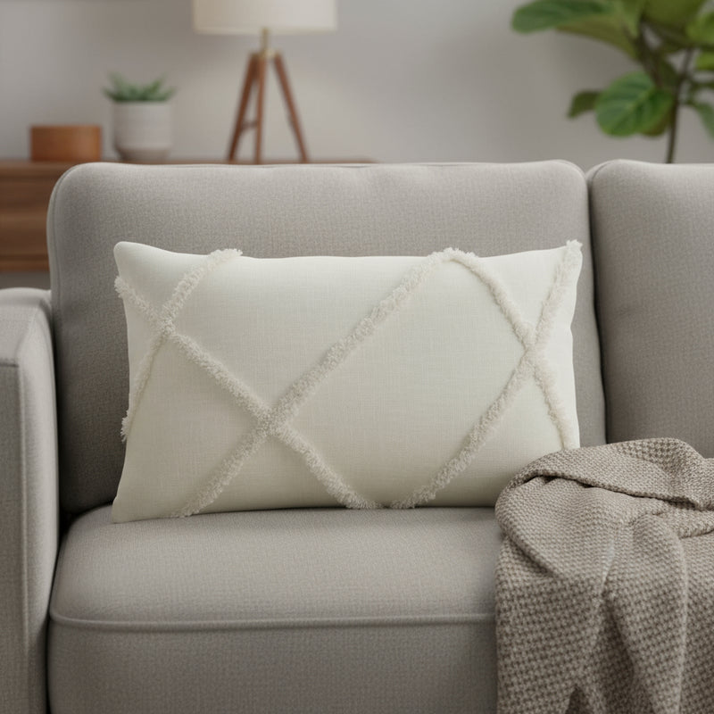 White Abstract  Shaggy Detail Lumbar Pillow - Home Decor