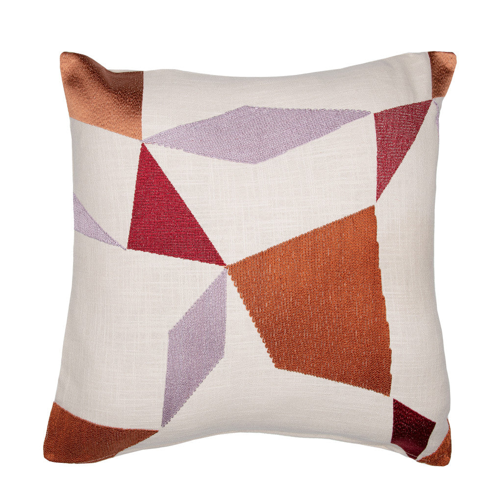 20" Ivory Red and Orange Geometric Cotton Blend Throw Pillow With Embroidery - Home & Garden