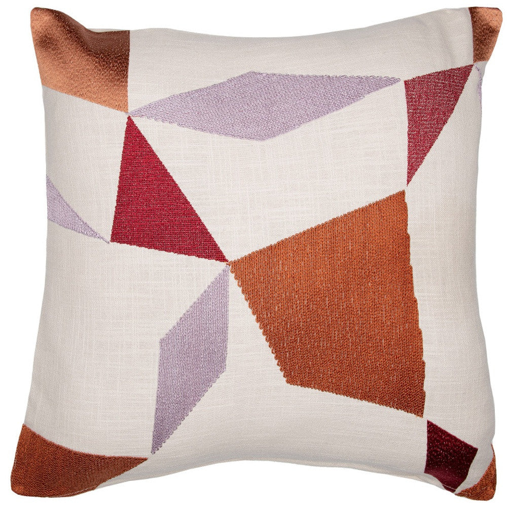 20" Ivory Red and Orange Geometric Cotton Blend Throw Pillow With Embroidery - Home & Garden