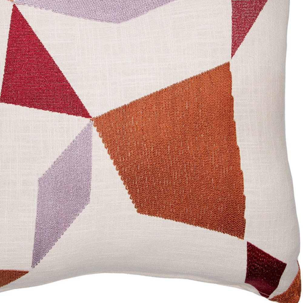 20" Ivory Red and Orange Geometric Cotton Blend Throw Pillow With Embroidery - Home & Garden