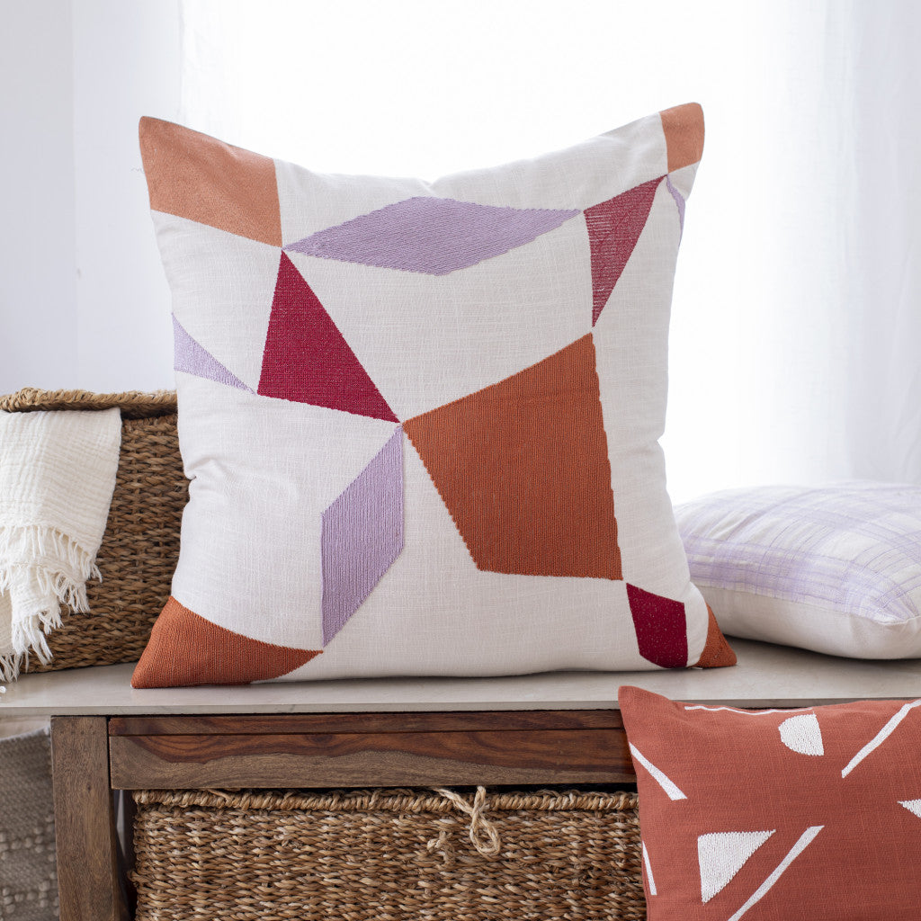 20" Ivory Red and Orange Geometric Cotton Blend Throw Pillow With Embroidery - Home & Garden