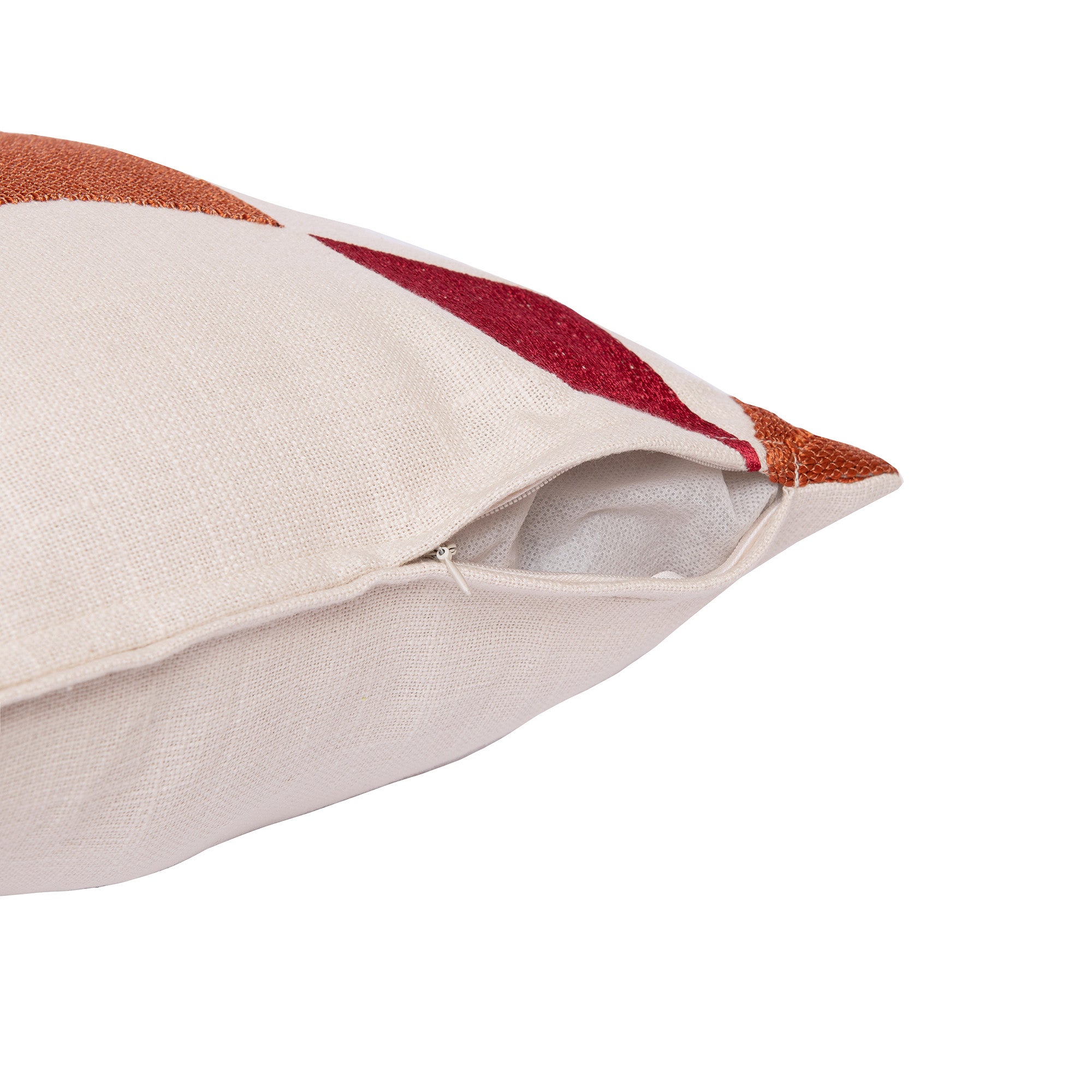 20" Ivory Red and Orange Geometric Cotton Blend Throw Pillow With Embroidery - Home & Garden
