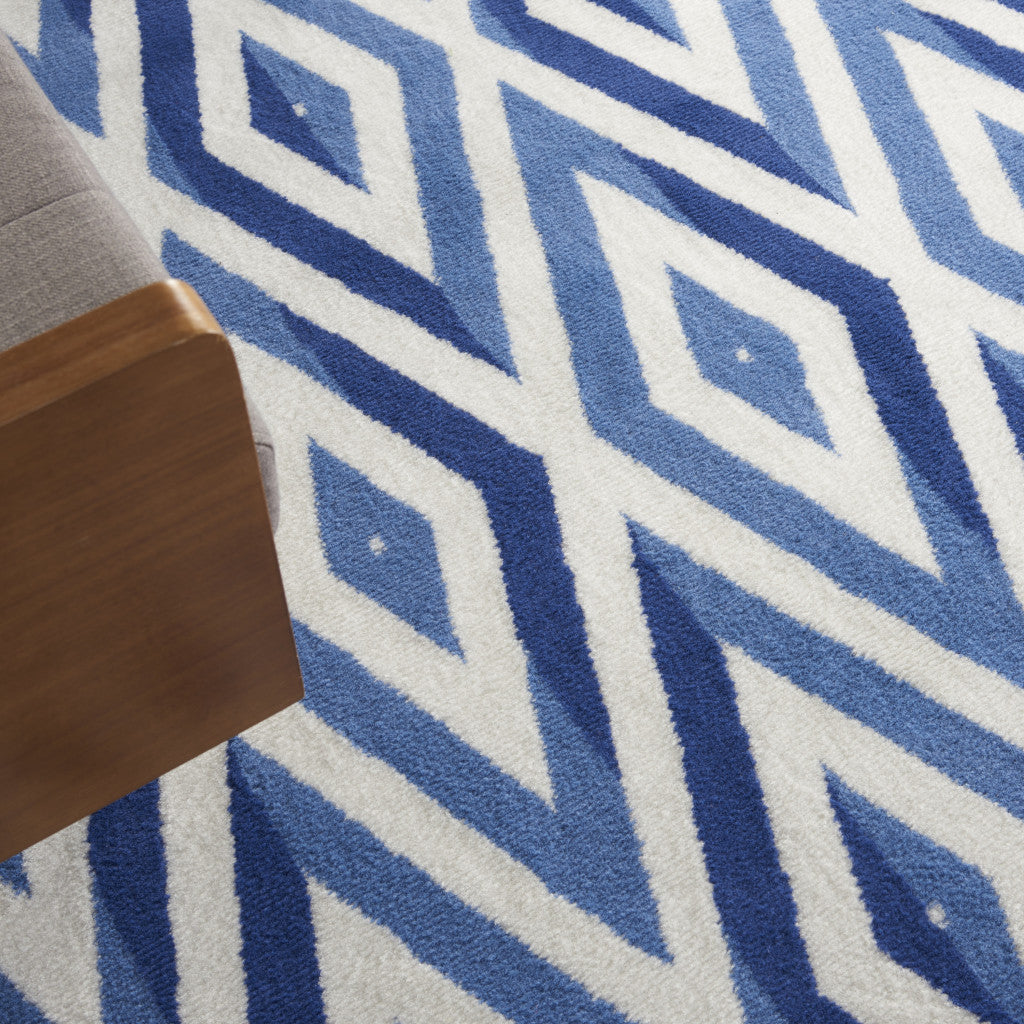 7' X 10' Ivory and Blue Geometric Distressed Non Skid Area Rug - Home & Garden
