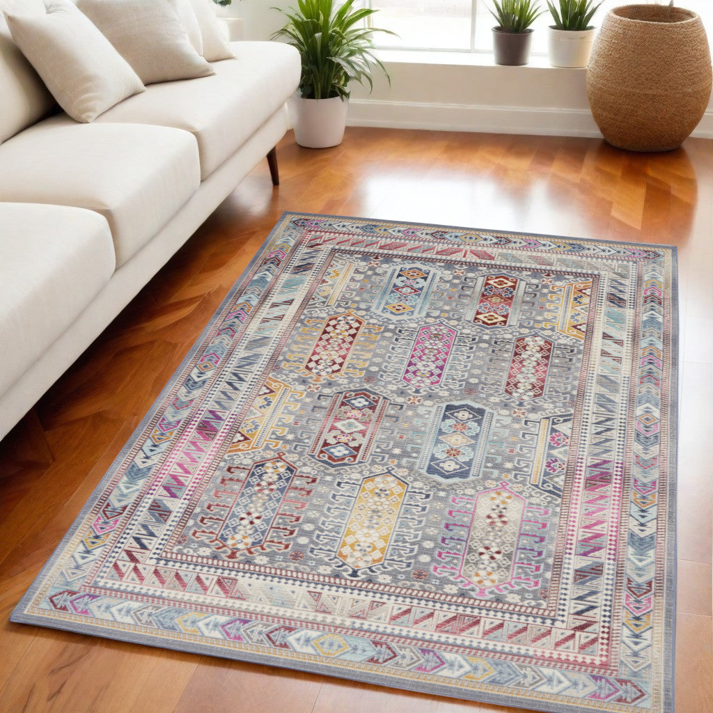 5' X 8' Ivory Gray And Red Floral Distressed Area Rug - Home & Garden