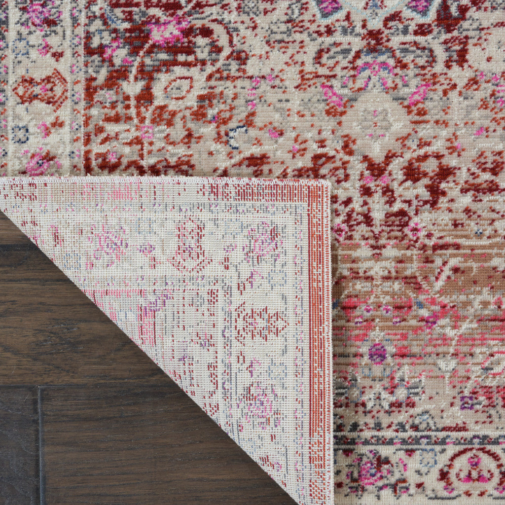6' Ivory And Red Floral Distressed Runner Rug - Home & Garden