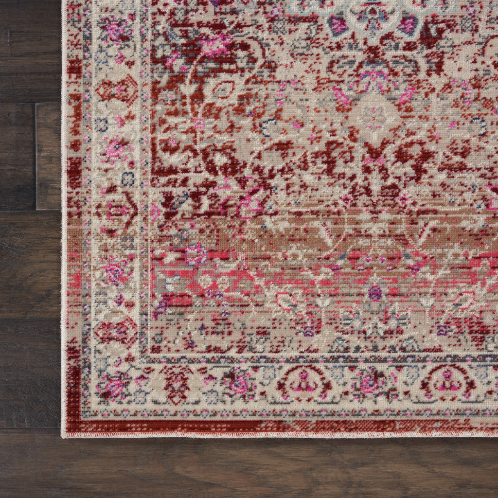 6' Ivory And Red Floral Distressed Runner Rug - Home & Garden