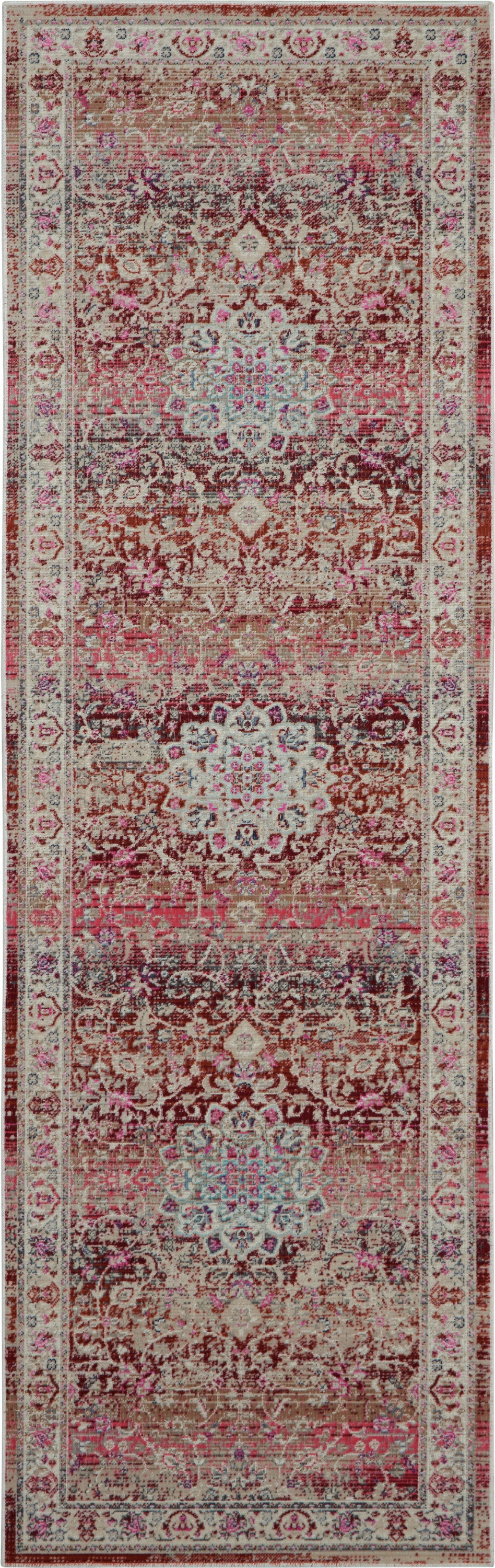 6' Ivory And Red Floral Distressed Runner Rug - Home & Garden