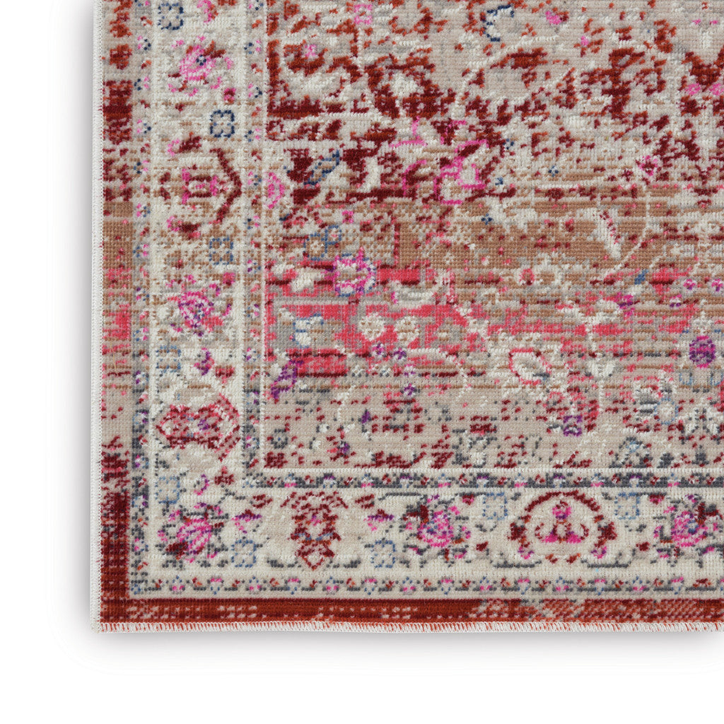 6' Ivory And Red Floral Distressed Runner Rug - Home & Garden