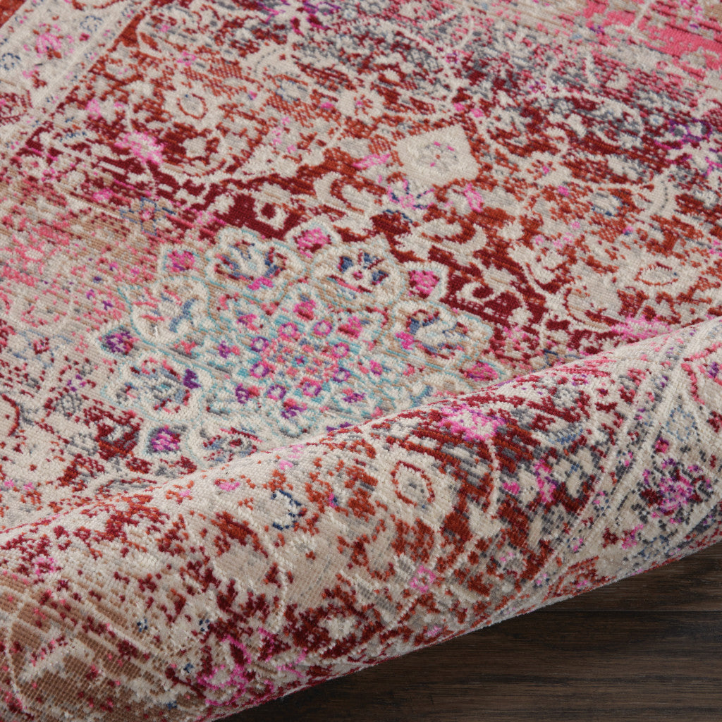 6' Ivory And Red Floral Distressed Runner Rug - Home & Garden