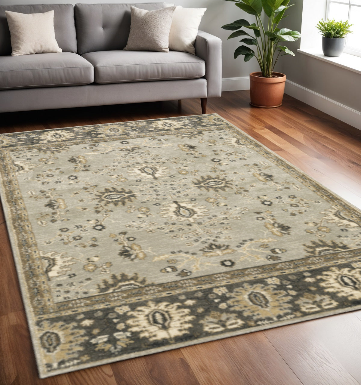 5' X 8' Grey Brown Tan And Beige Oriental Power Loom Stain Resistant Area Rug - Home & Garden