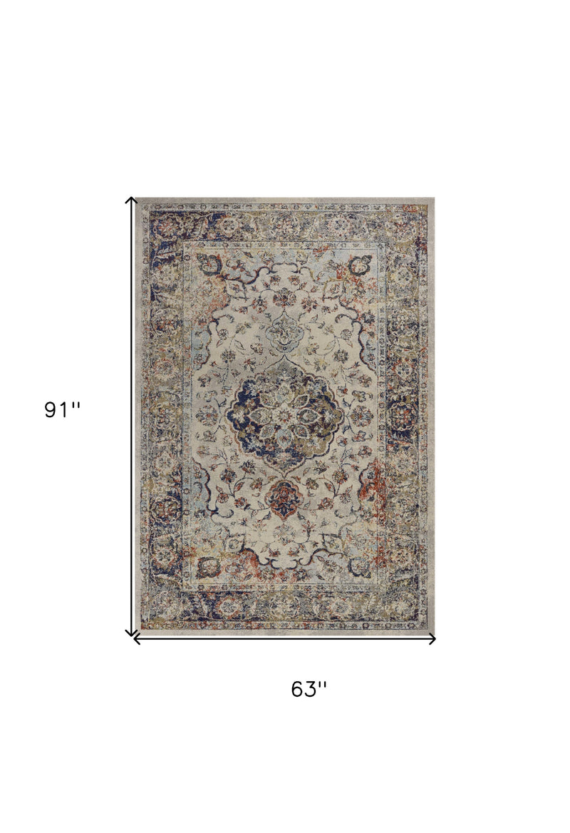 5' X 8' Ivory Blue And Orange Medallion Area Rug - Home Decor