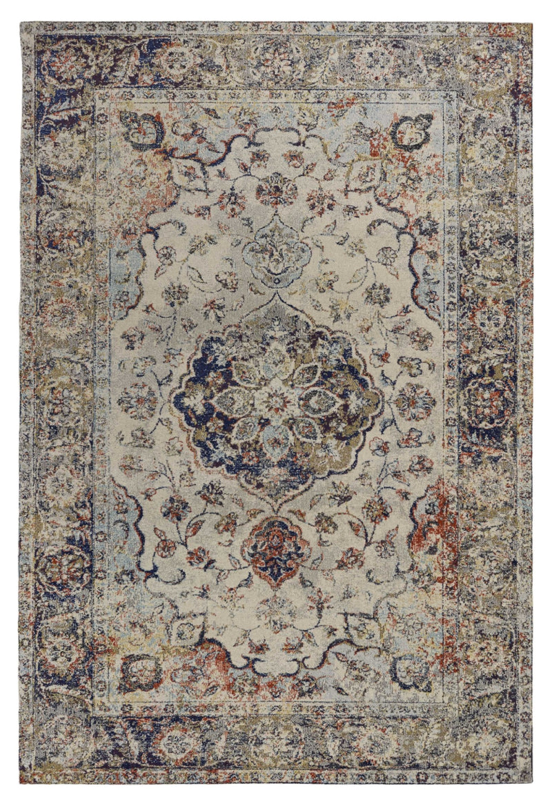 5' X 8' Ivory Blue And Orange Medallion Area Rug - Home Decor