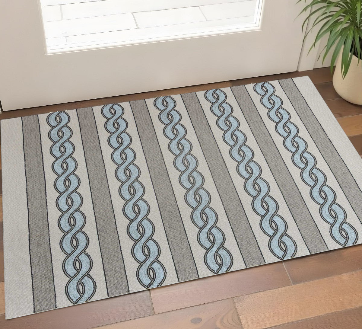 3' X 5' Ivory Light Blue And Gray Geometric Hand Hooked Worn/Fade Area Rug - Home & Garden