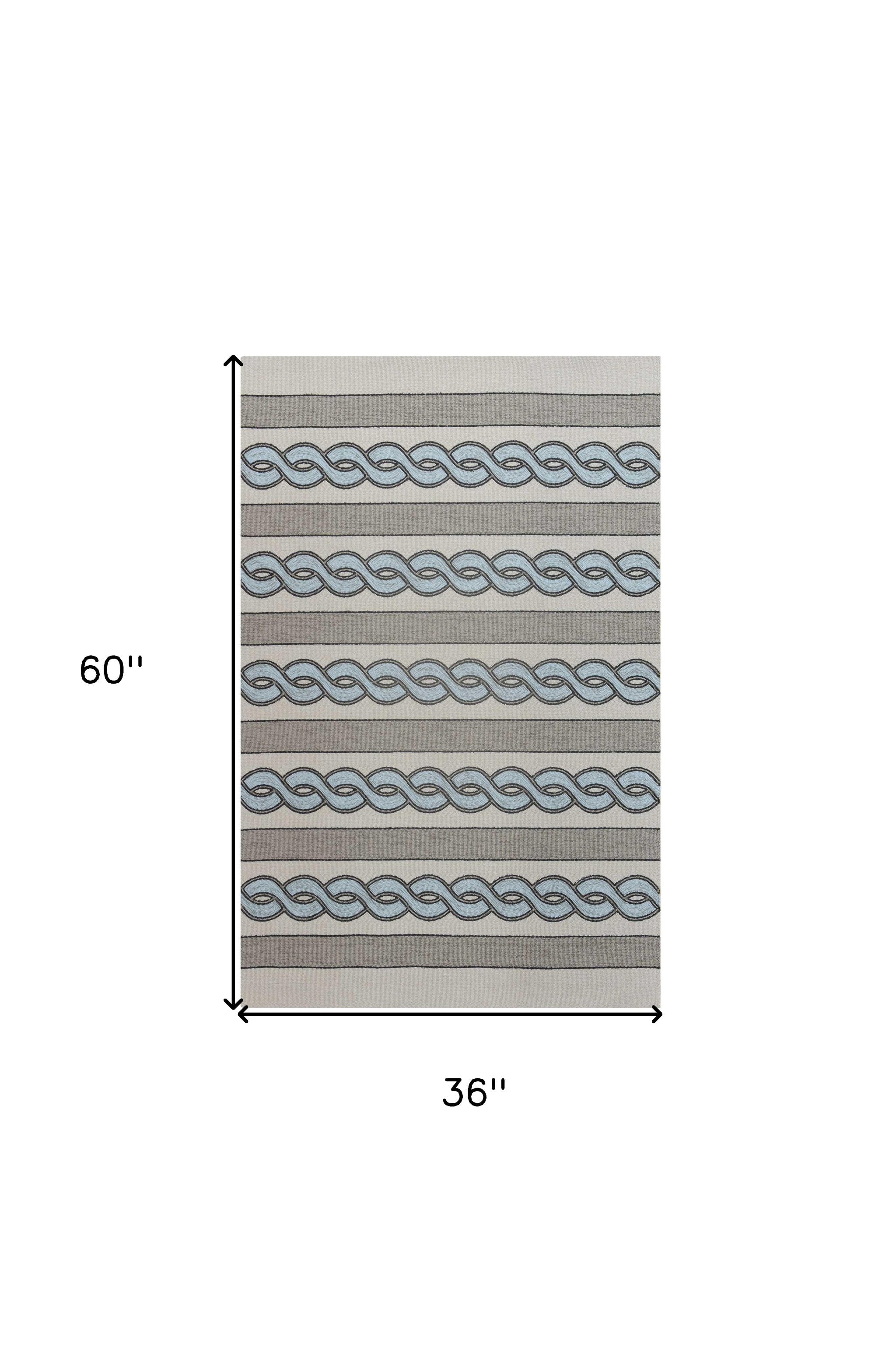 3' X 5' Ivory Light Blue And Gray Geometric Hand Hooked Worn/Fade Area Rug - Home & Garden