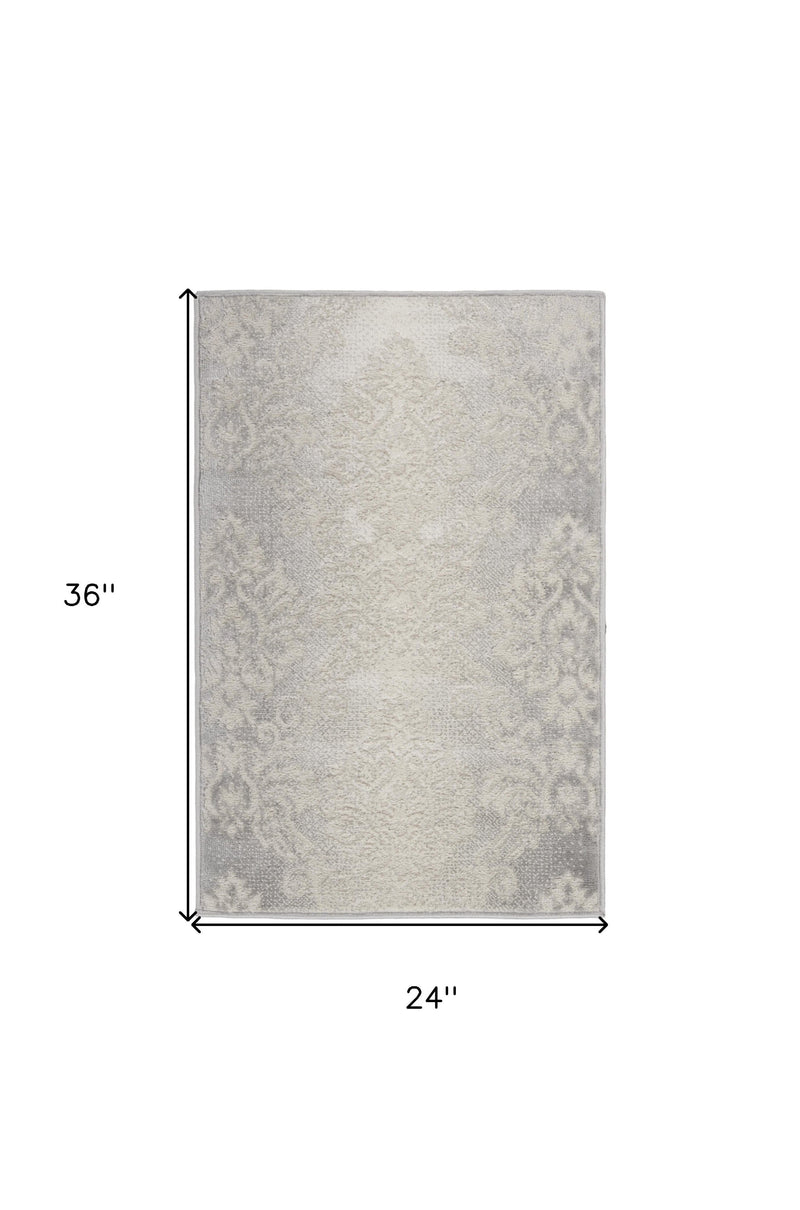 2' X 3' Ivory and Gray Damask Distressed Non Skid Area Rug Homeroots Home Decor