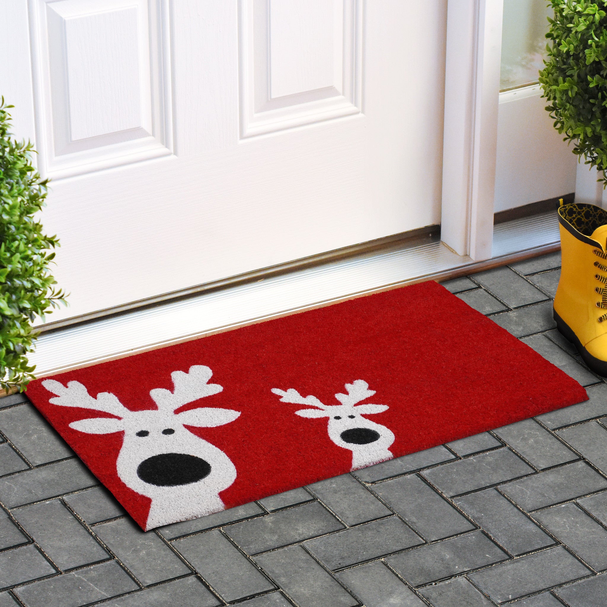 17" X 29" Red and White Coir Reindeer Outdoor Christmas Door Mat - Home & Garden