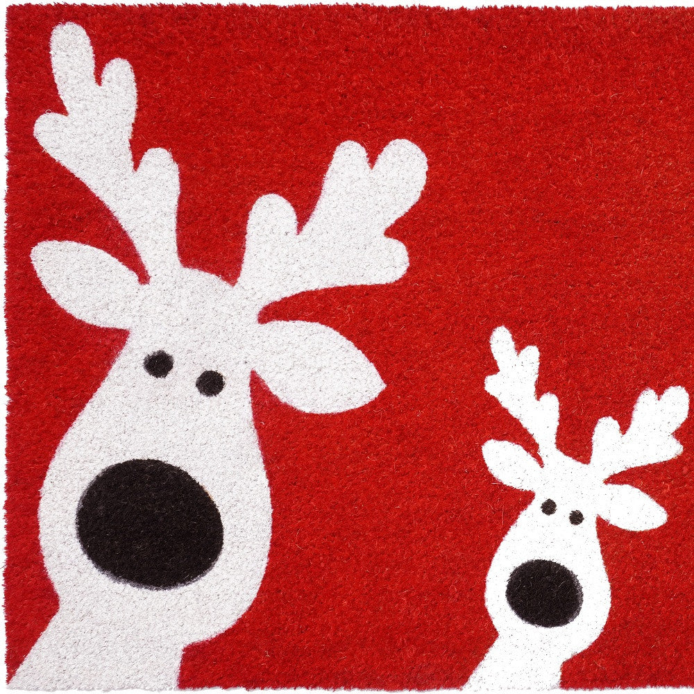 17" X 29" Red and White Coir Reindeer Outdoor Christmas Door Mat - Home & Garden