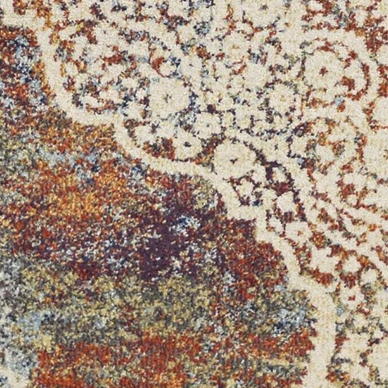 5' X 8' Ivory Blue And Orange Medallion Area Rug - Home Decor