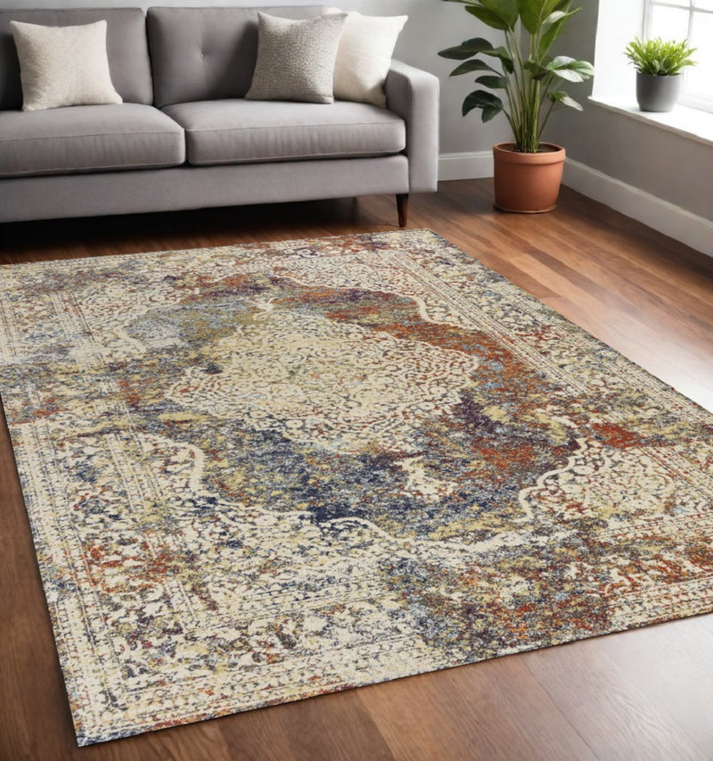 5' X 8' Ivory Blue And Orange Medallion Area Rug - Home Decor