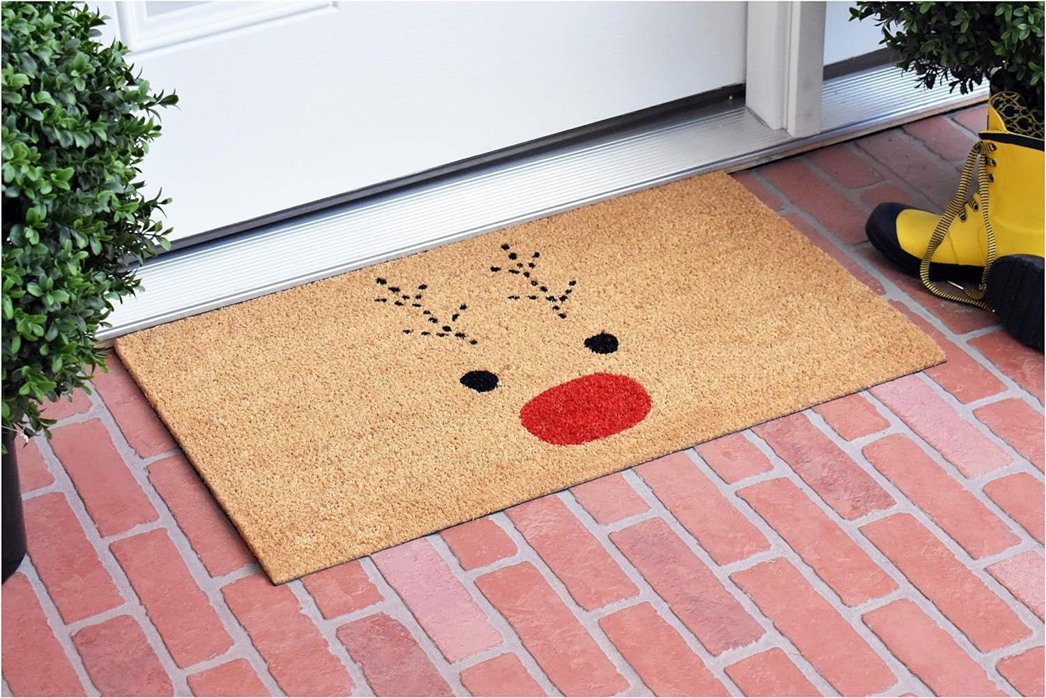 17" X 29" Natural Black and Red Coir Reindeer Outdoor Christmas Door Mat - Home & Garden