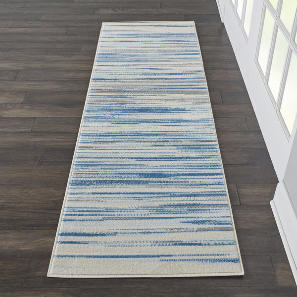6' Ivory Blue and Gray Striped Non Skid Runner Rug - GreatEagleInc