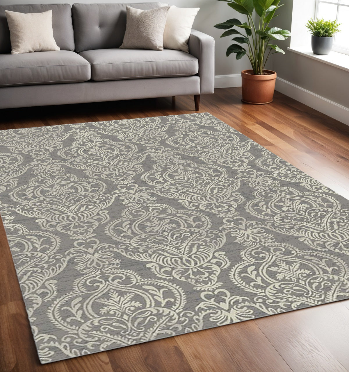 5' X 8' Gray and Beige Damask Area Rug - Home & Garden