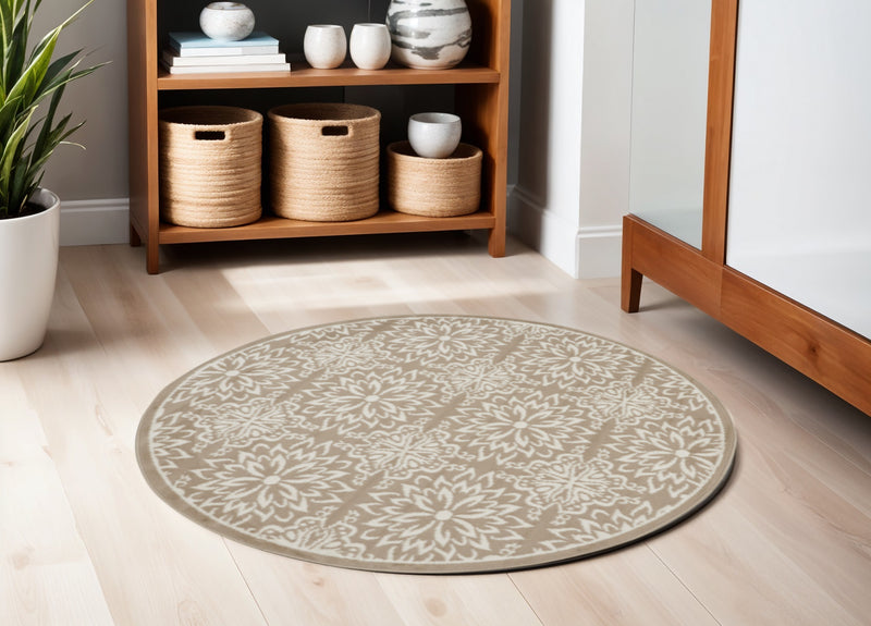 5' Taupe and Ivory Floral Non Skid Round Rug - GreatEagleInc