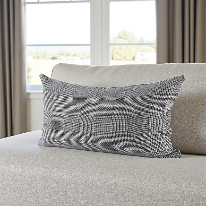 14" X 26" Black And White Herringbone Plaid Linen Throw Pillow Cover - Home Decor