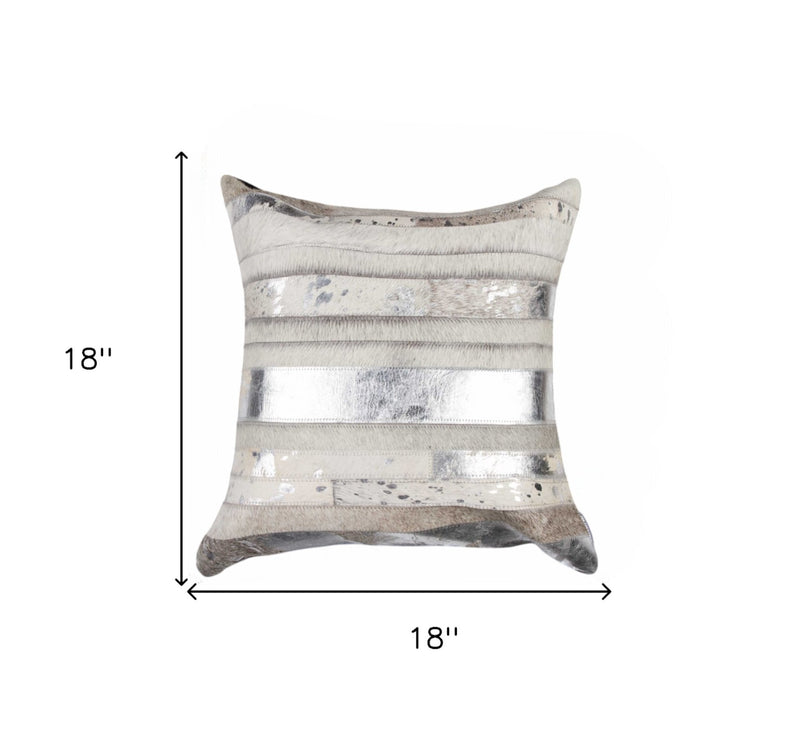18" Gray and Silver Striped Cowhide Throw Pillow - Home Decor