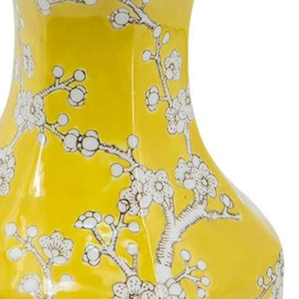 14" Yellow And White Chinoiserie Floral Porcelain Table Vase - Home & Garden