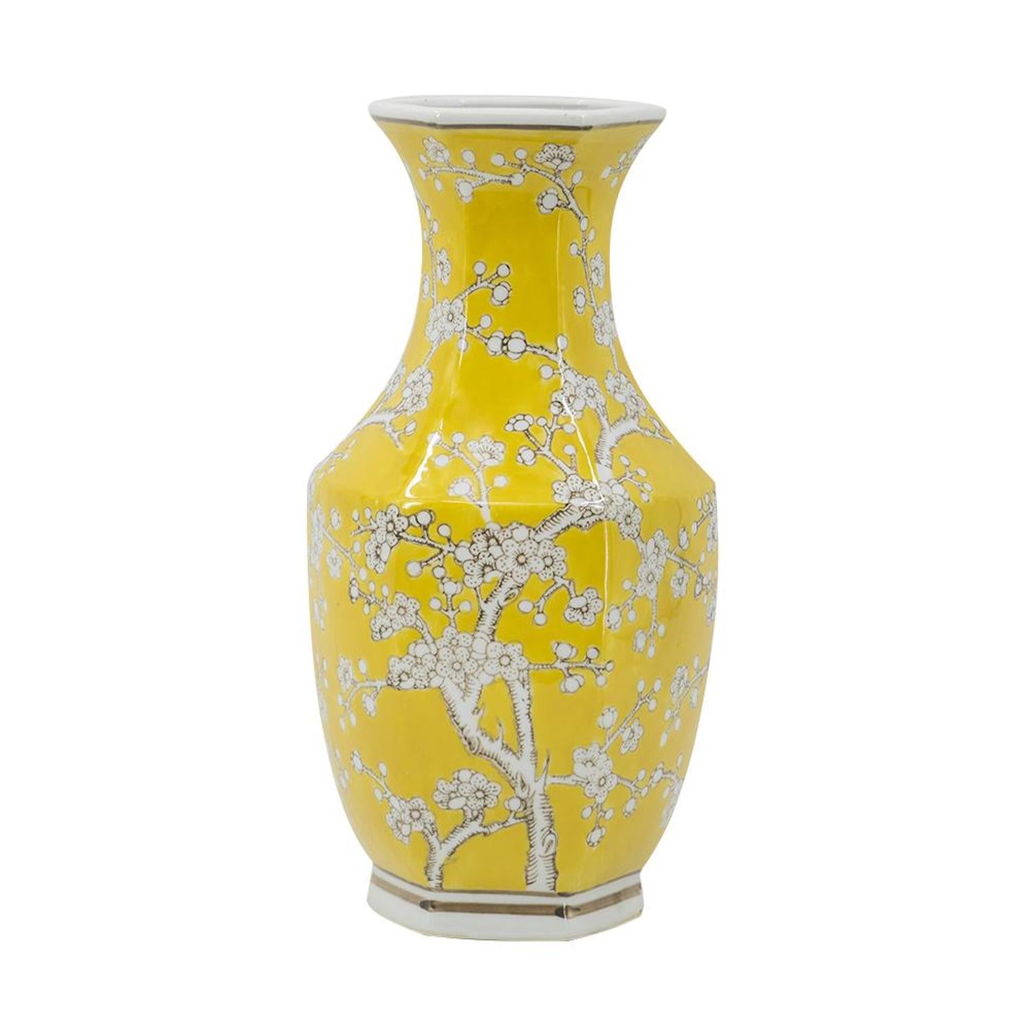 14" Yellow And White Chinoiserie Floral Porcelain Table Vase - Home & Garden