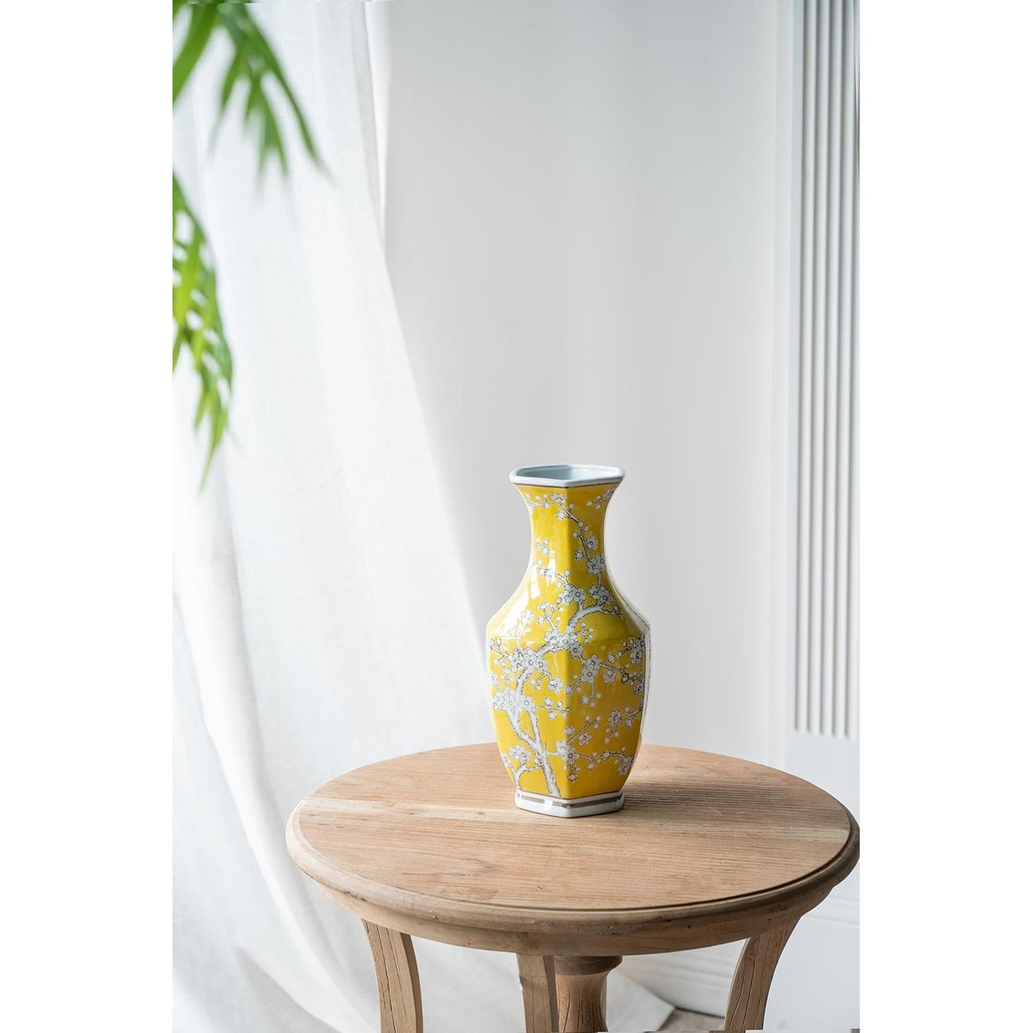 14" Yellow And White Chinoiserie Floral Porcelain Table Vase - Home & Garden