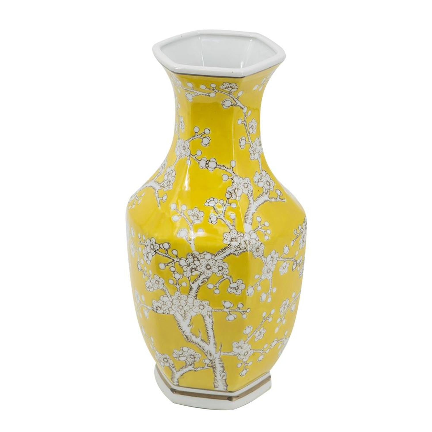 14" Yellow And White Chinoiserie Floral Porcelain Table Vase - Home & Garden