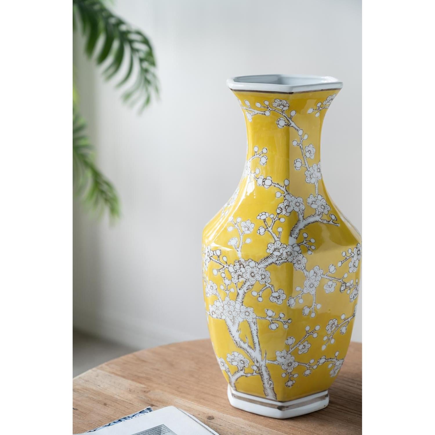 14" Yellow And White Chinoiserie Floral Porcelain Table Vase - Home & Garden