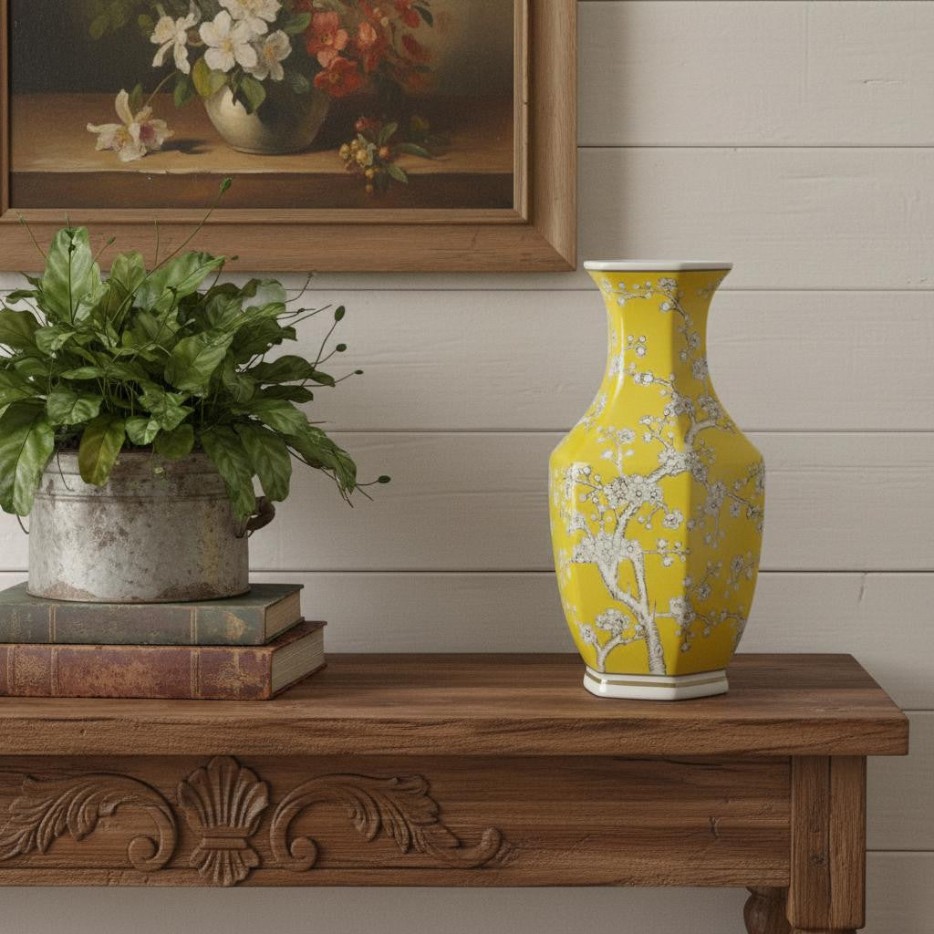 14" Yellow And White Chinoiserie Floral Porcelain Table Vase - Home & Garden